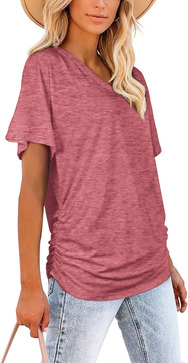 Women's Short Sleeve V Neck Dolman Tops with Side Shirring Loose Fit Shirts - Picture 49 of 138
