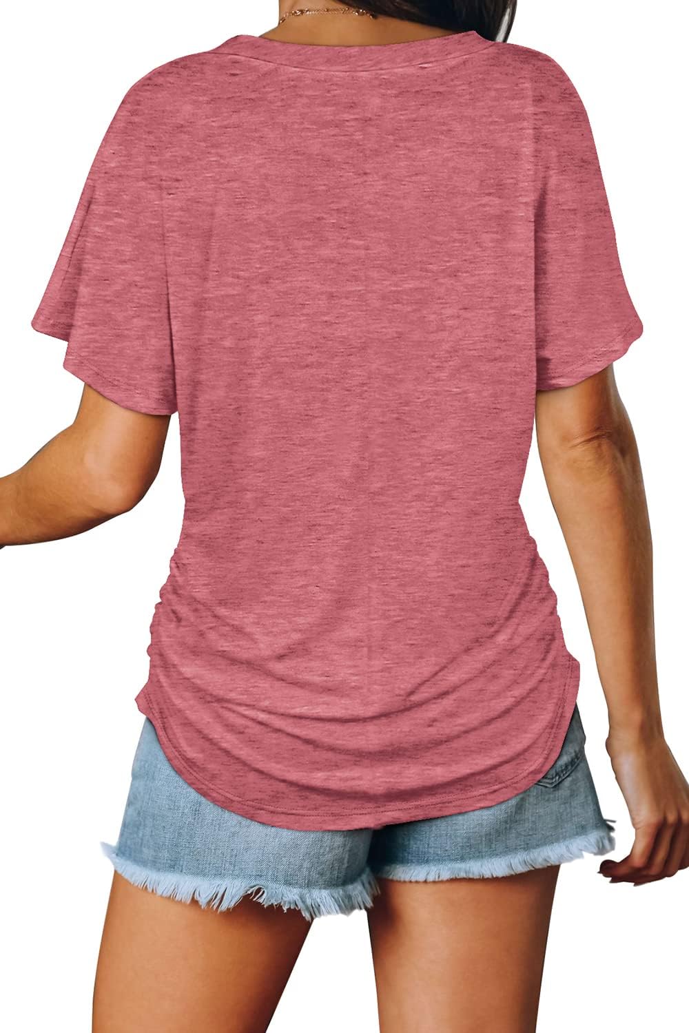 Women's Short Sleeve V Neck Dolman Tops with Side Shirring Loose Fit Shirts - Picture 50 of 138