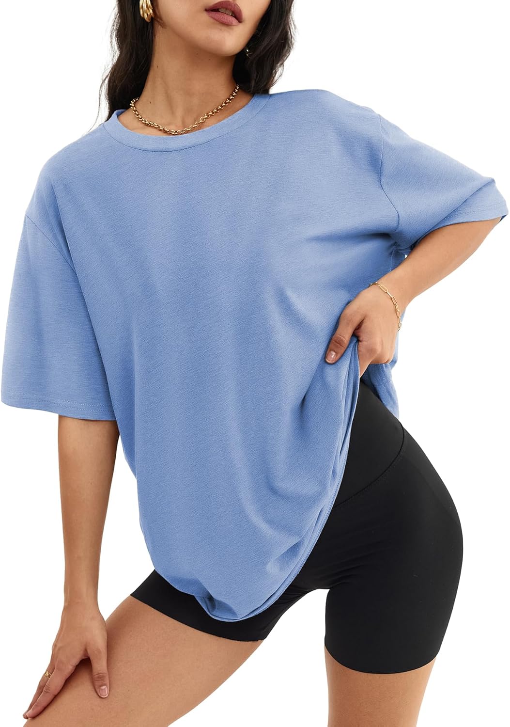 Womens Oversized Crewneck T-Shirts Loose Fit Short Sleeve Casual Tops for Summer - Picture 52 of 153
