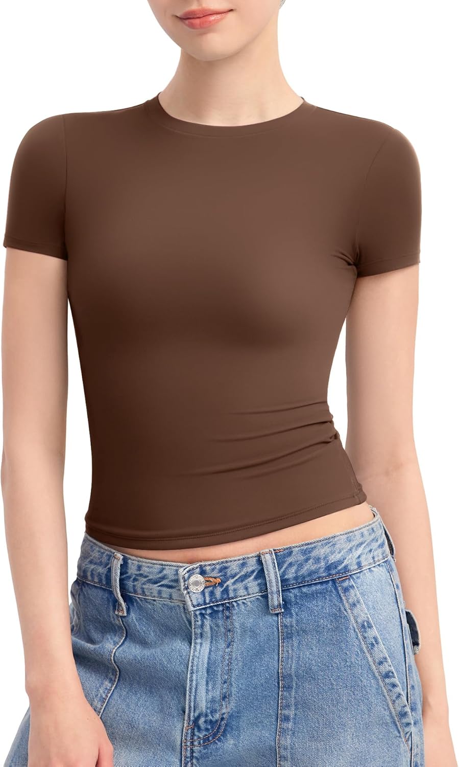 Damen Rundhals Kurzarm Tops doppelt gefüttert Slim Fit T-Shirts Basic T-Shirts - Bild 56 von 89
