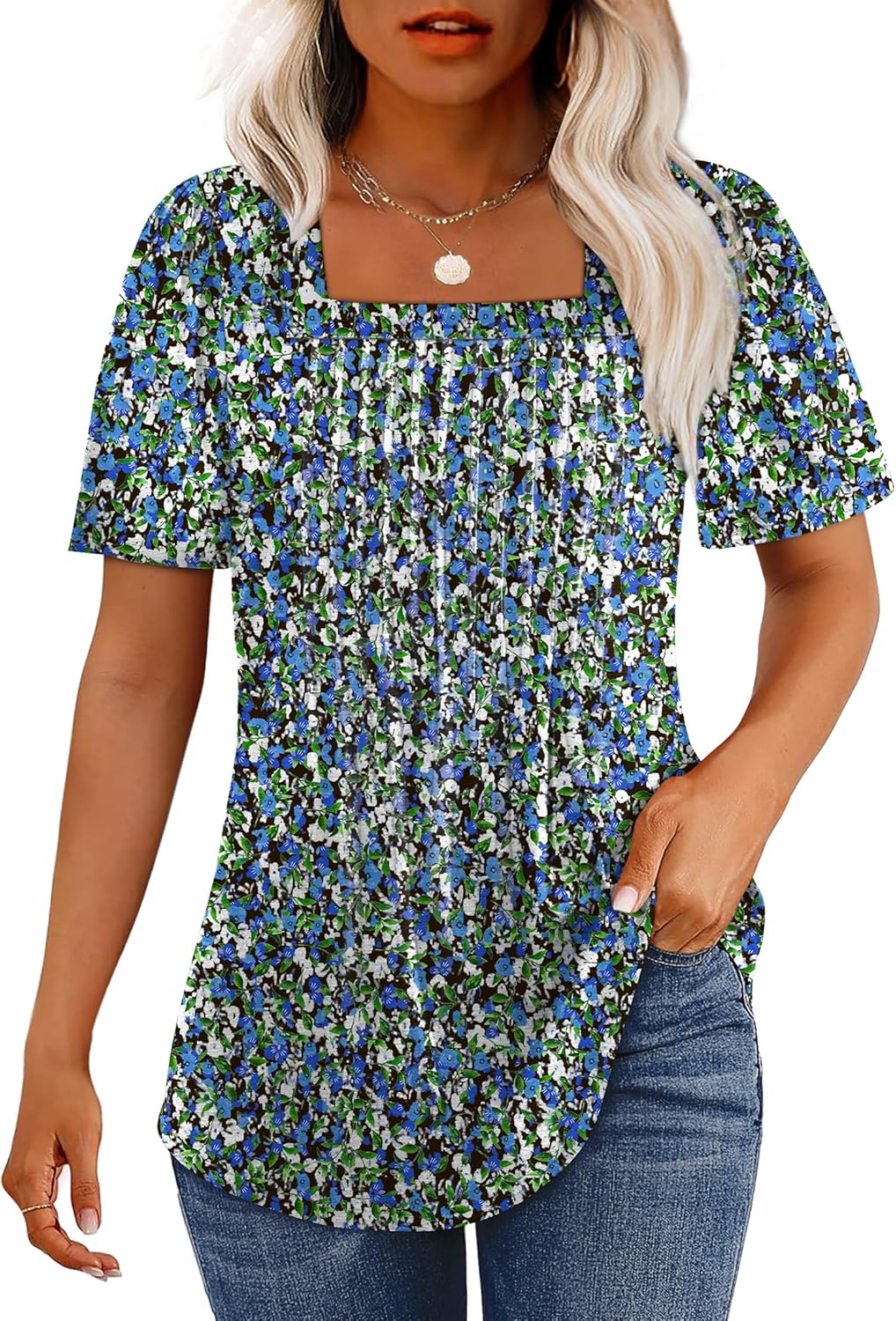 Womens Pleated Square Neck T-Shirts Puff Short Sleeve Casual Summer Tops - Picture 28 of 77