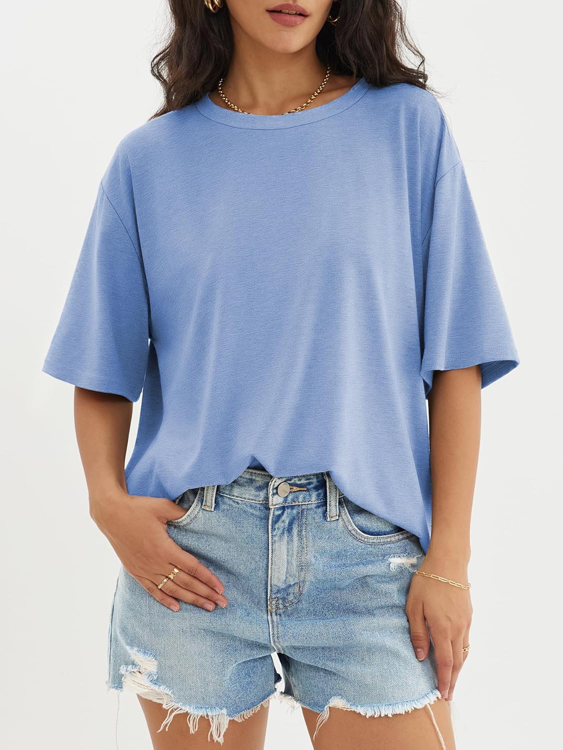 Womens Oversized Crewneck T-Shirts Loose Fit Short Sleeve Casual Tops for Summer - Picture 55 of 153