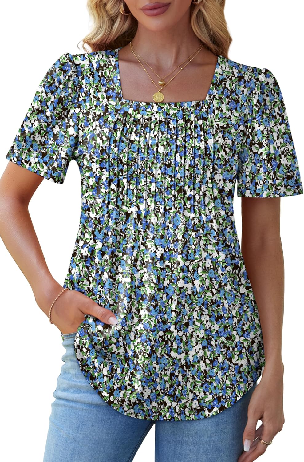 Womens Pleated Square Neck T-Shirts Puff Short Sleeve Casual Summer Tops - Picture 30 of 77