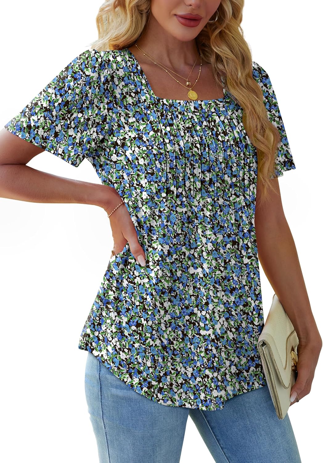 Womens Pleated Square Neck T-Shirts Puff Short Sleeve Casual Summer Tops - Picture 31 of 77