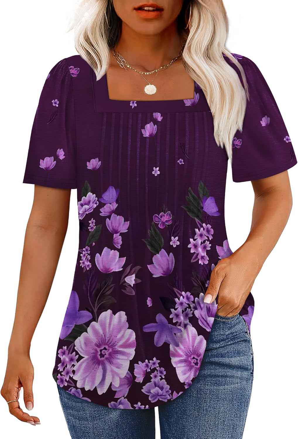 Womens Pleated Square Neck T-Shirts Puff Short Sleeve Casual Summer Tops - Picture 33 of 77