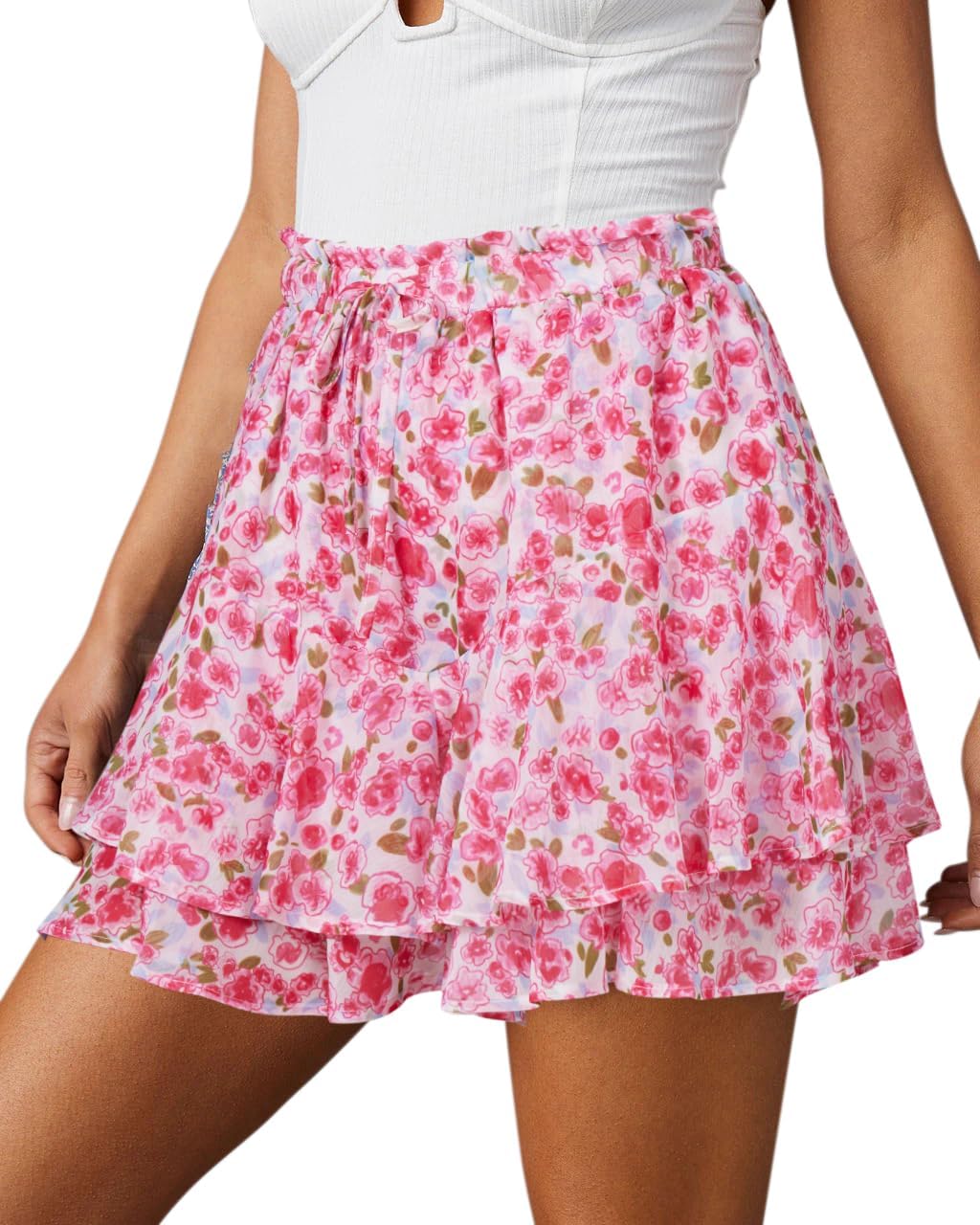 Women's Flowy Shorts Casual Boho Floral Ruffle Mini Skorts for Running Tennis - Picture 30 of 145