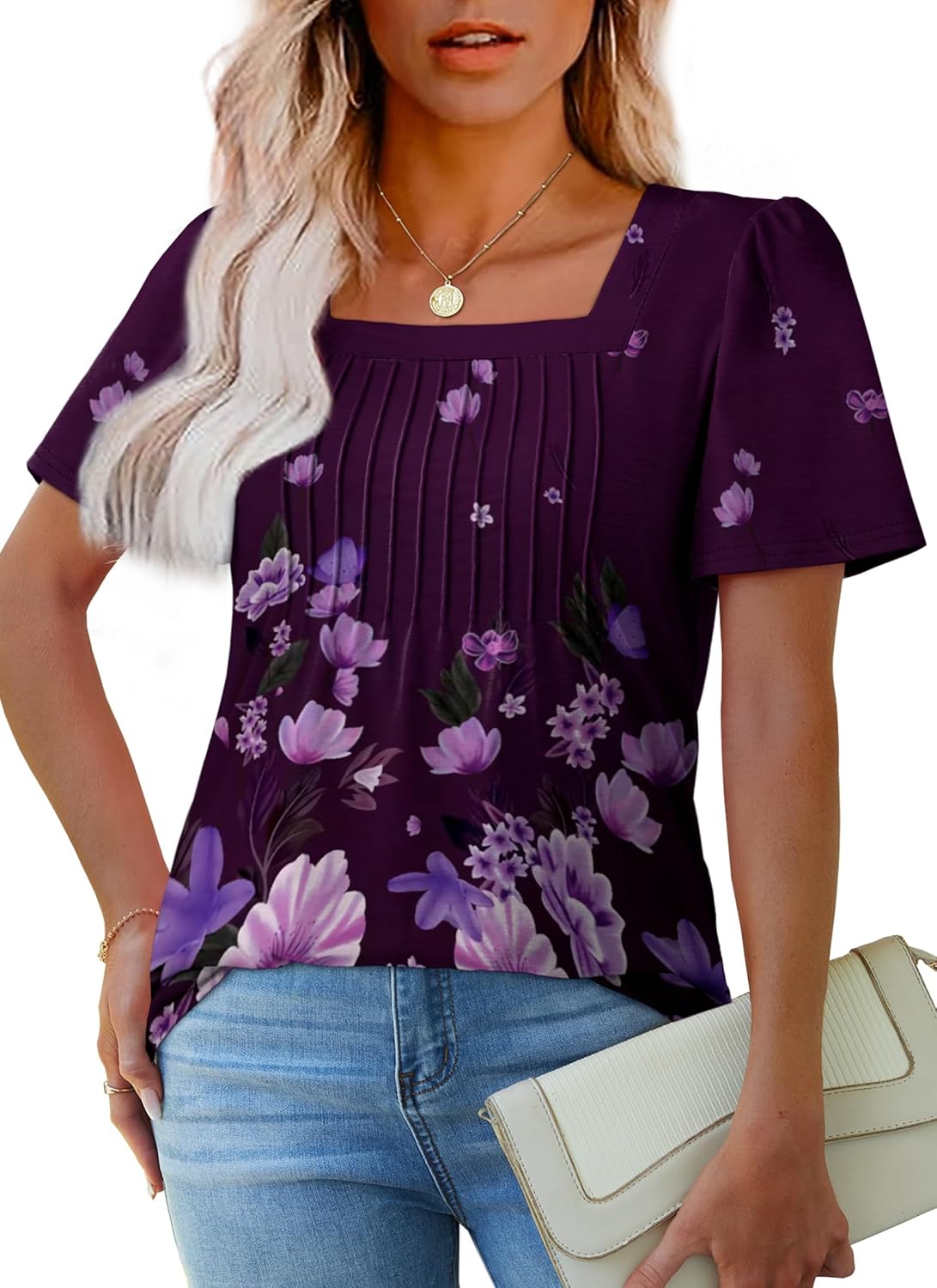 Womens Pleated Square Neck T-Shirts Puff Short Sleeve Casual Summer Tops - Picture 34 of 77