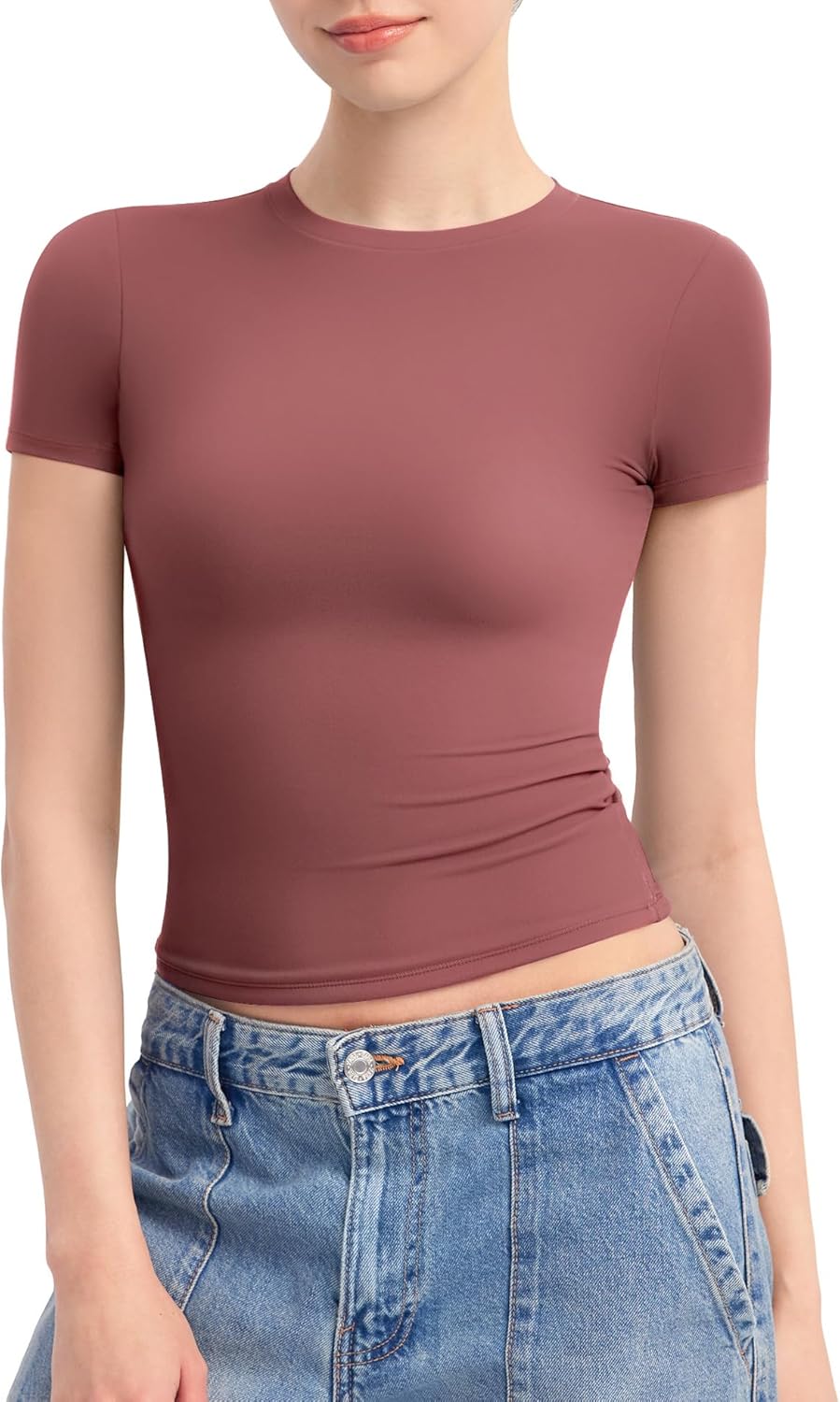 Damen Rundhals Kurzarm Tops doppelt gefüttert Slim Fit T-Shirts Basic T-Shirts - Bild 62 von 89