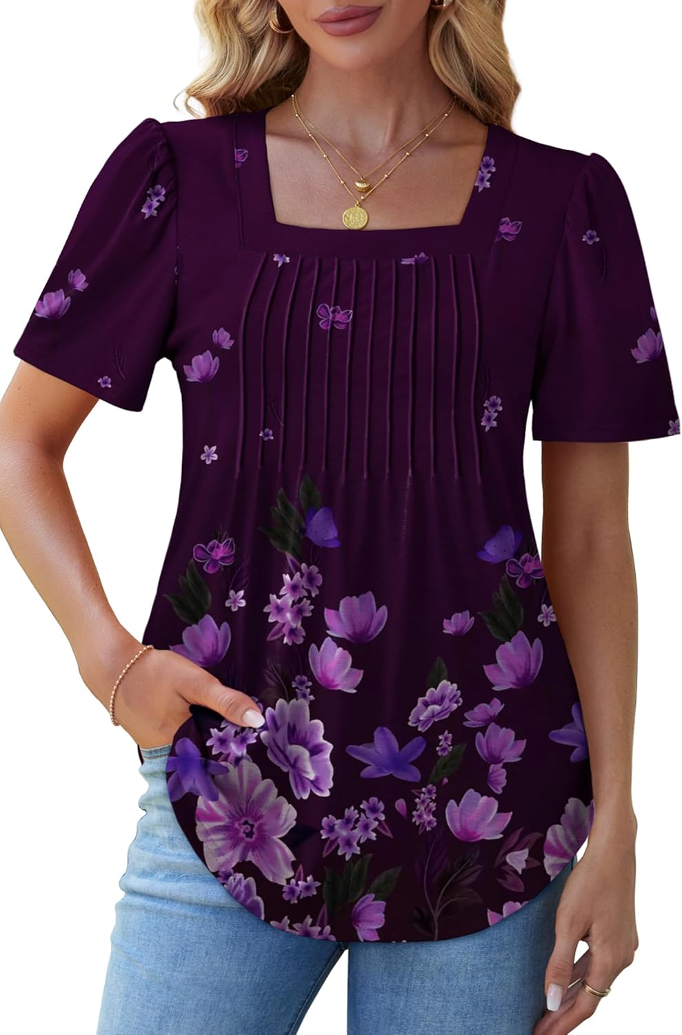 Womens Pleated Square Neck T-Shirts Puff Short Sleeve Casual Summer Tops - Picture 35 of 77