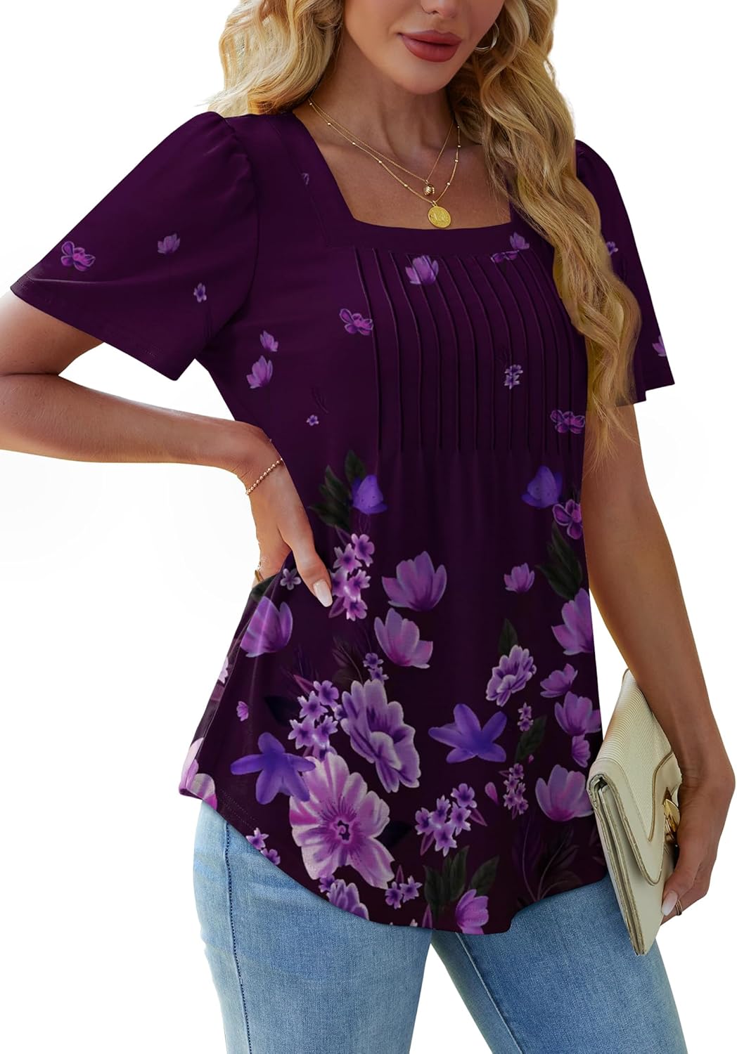 Womens Pleated Square Neck T-Shirts Puff Short Sleeve Casual Summer Tops - Picture 36 of 77