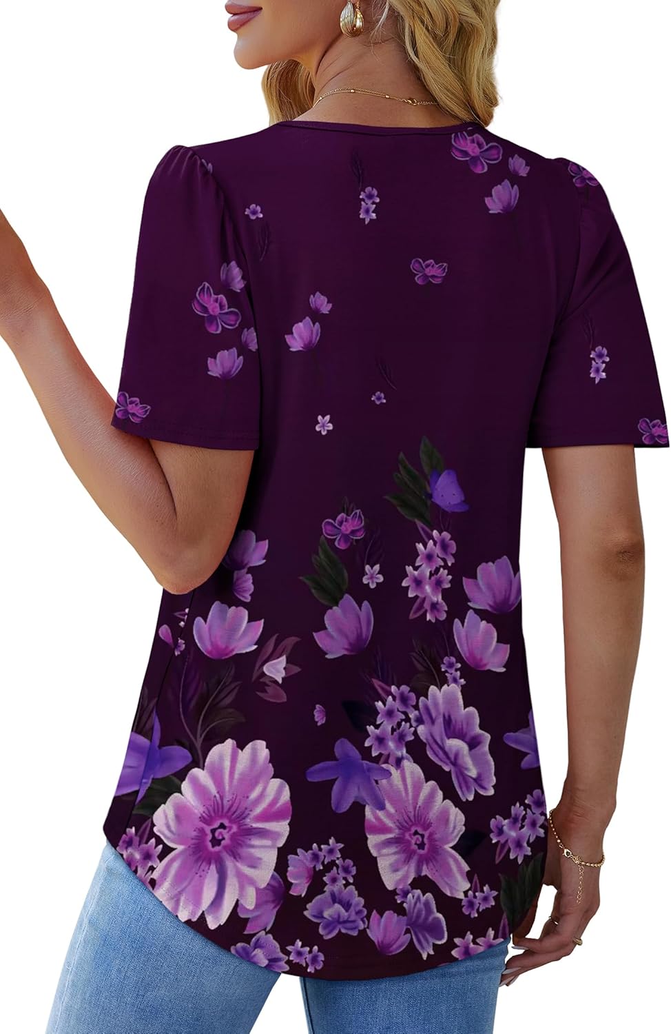 Womens Pleated Square Neck T-Shirts Puff Short Sleeve Casual Summer Tops - Picture 37 of 77