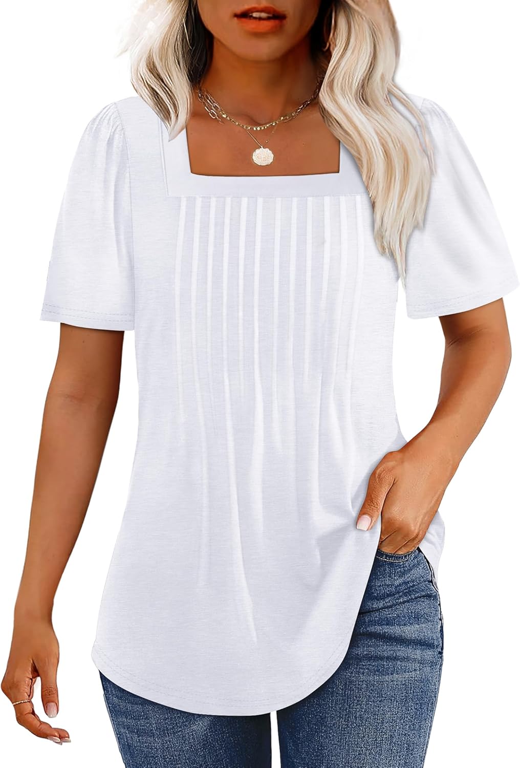 Womens Pleated Square Neck T-Shirts Puff Short Sleeve Casual Summer Tops - Picture 38 of 77