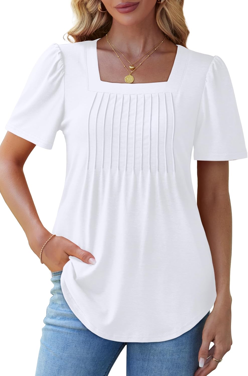 Womens Pleated Square Neck T-Shirts Puff Short Sleeve Casual Summer Tops - Picture 40 of 77