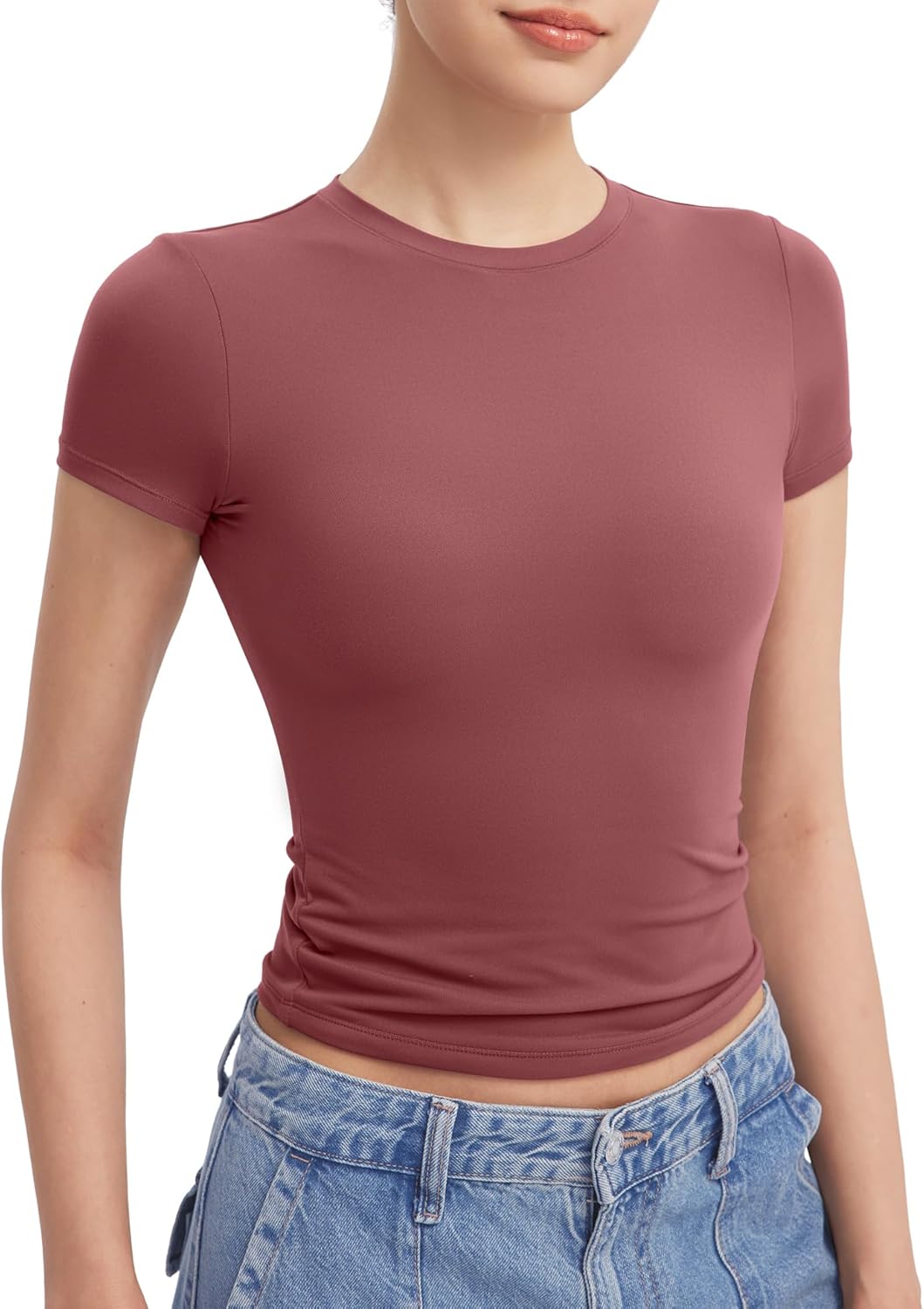 Damen Rundhals Kurzarm Tops doppelt gefüttert Slim Fit T-Shirts Basic T-Shirts - Bild 67 von 89