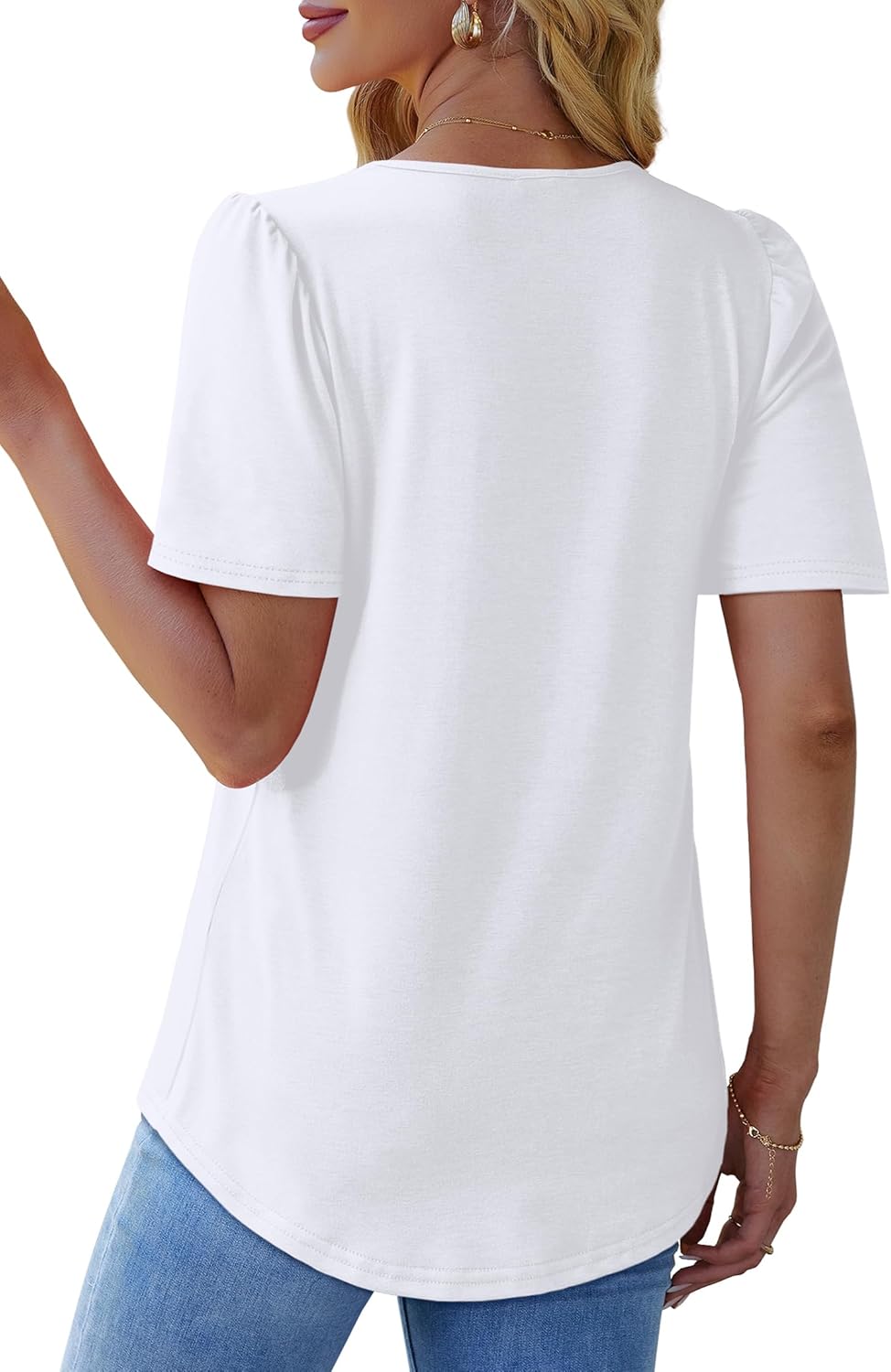 Womens Pleated Square Neck T-Shirts Puff Short Sleeve Casual Summer Tops - Picture 42 of 77