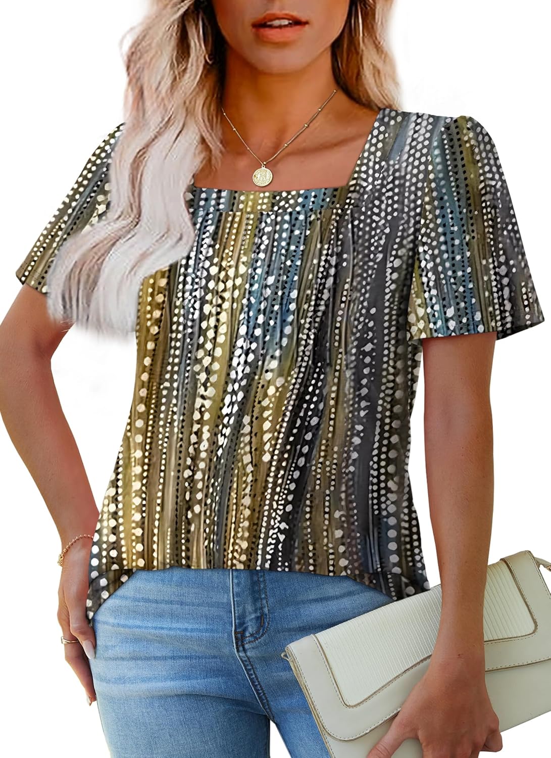 Womens Pleated Square Neck T-Shirts Puff Short Sleeve Casual Summer Tops - Picture 44 of 77