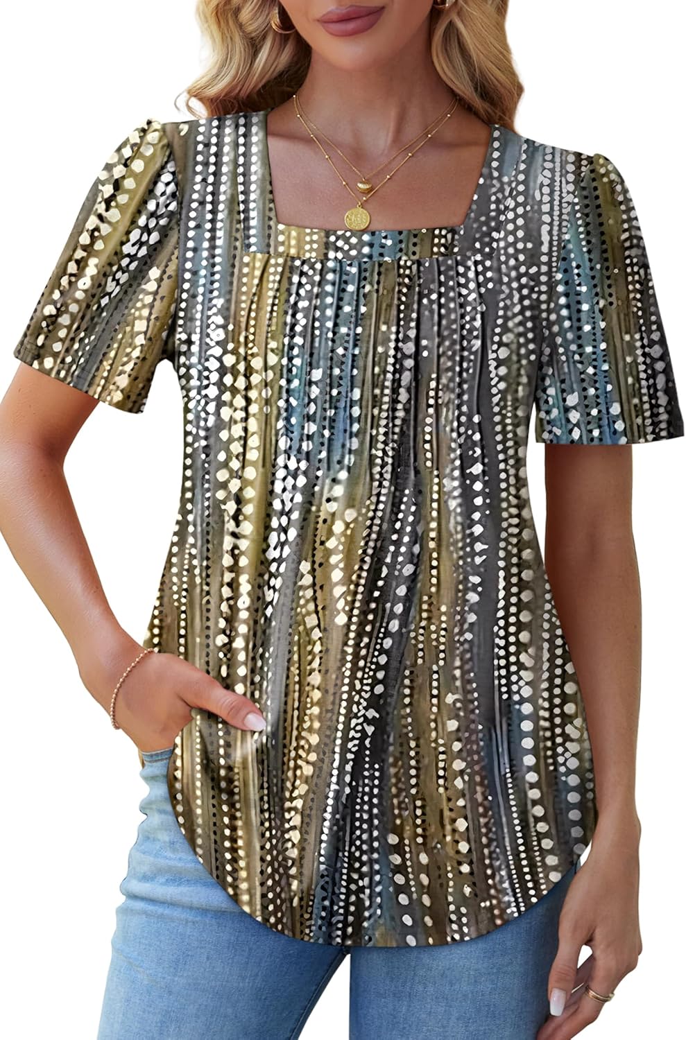 Womens Pleated Square Neck T-Shirts Puff Short Sleeve Casual Summer Tops - Picture 45 of 77