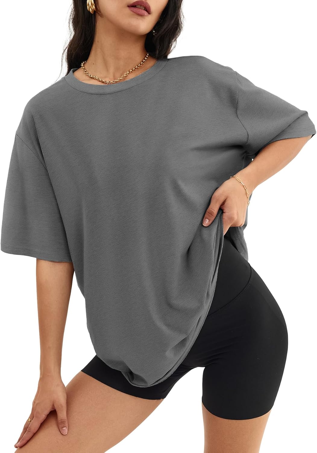 Womens Oversized Crewneck T-Shirts Loose Fit Short Sleeve Casual Tops for Summer - Picture 66 of 153