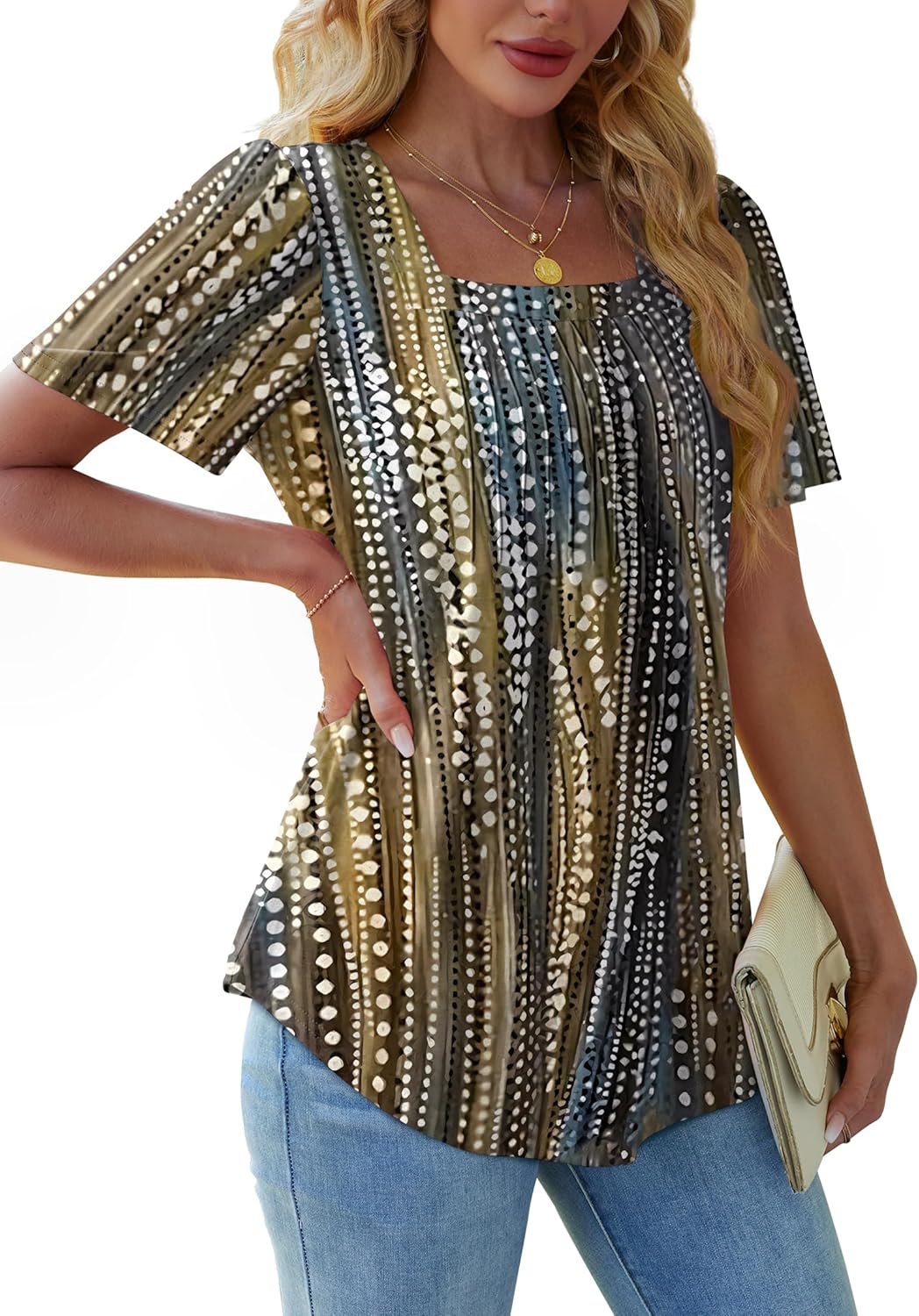 Womens Pleated Square Neck T-Shirts Puff Short Sleeve Casual Summer Tops - Picture 46 of 77