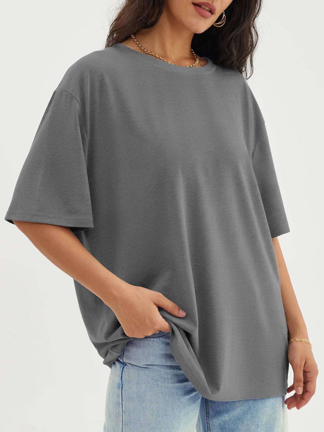 Womens Oversized Crewneck T-Shirts Loose Fit Short Sleeve Casual Tops for Summer - Picture 68 of 153