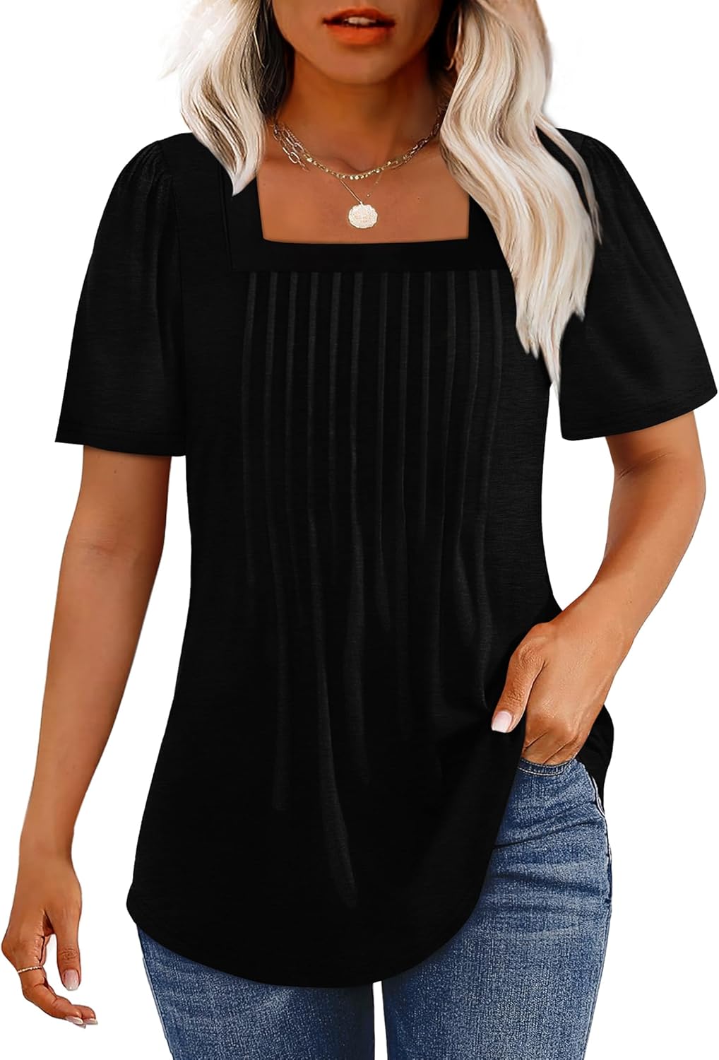Womens Pleated Square Neck T-Shirts Puff Short Sleeve Casual Summer Tops - Picture 48 of 77