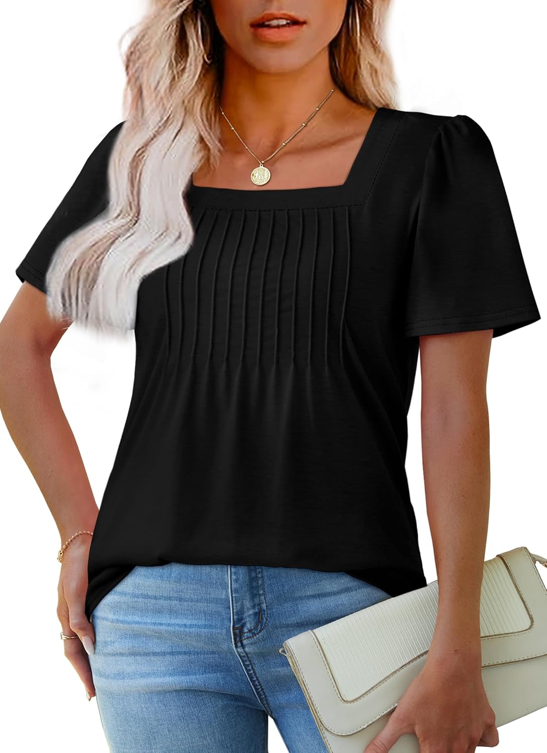 Womens Pleated Square Neck T-Shirts Puff Short Sleeve Casual Summer Tops - Picture 49 of 77