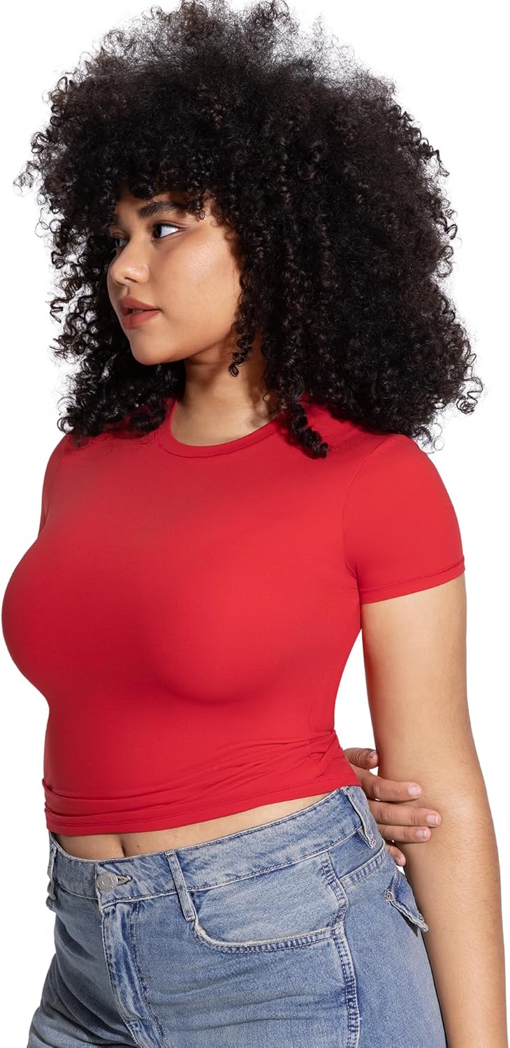Damen Rundhals Kurzarm Tops doppelt gefüttert Slim Fit T-Shirts Basic T-Shirts - Bild 76 von 89