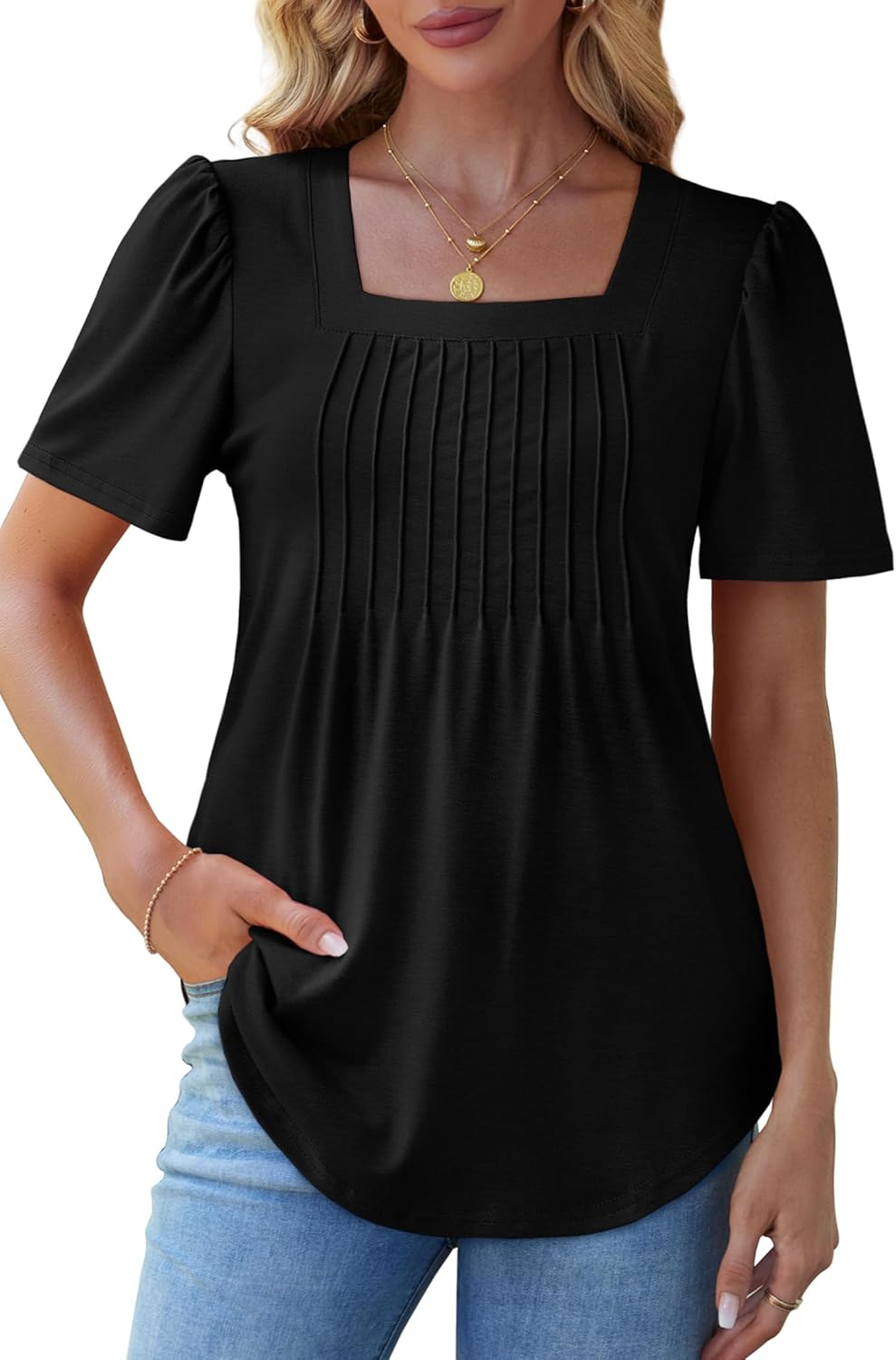 Womens Pleated Square Neck T-Shirts Puff Short Sleeve Casual Summer Tops - Picture 50 of 77