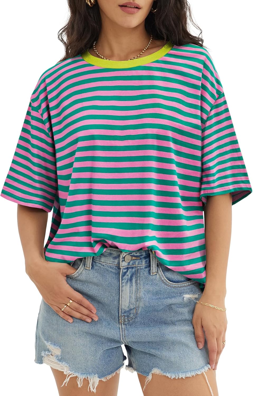 Womens Oversized Crewneck T-Shirts Loose Fit Short Sleeve Casual Tops for Summer - Picture 71 of 153