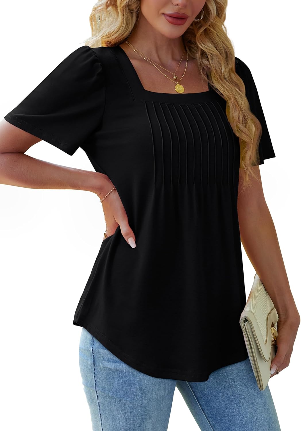 Womens Pleated Square Neck T-Shirts Puff Short Sleeve Casual Summer Tops - Picture 51 of 77