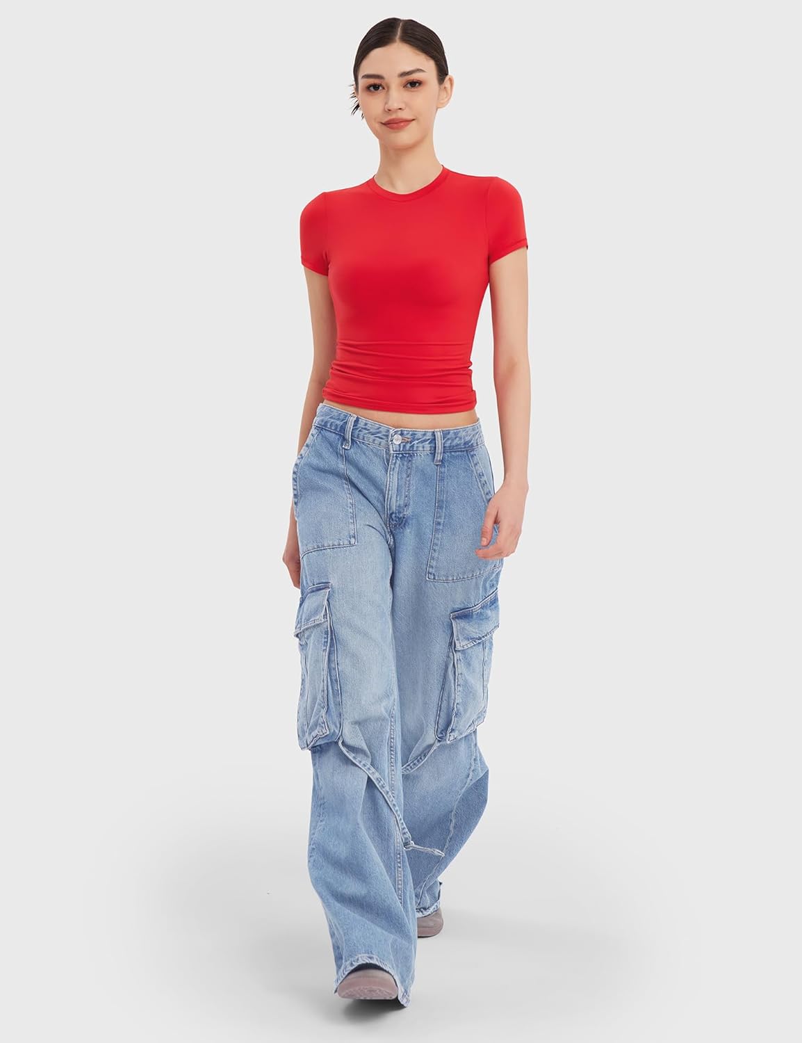 Damen Rundhals Kurzarm Tops doppelt gefüttert Slim Fit T-Shirts Basic T-Shirts - Bild 78 von 89
