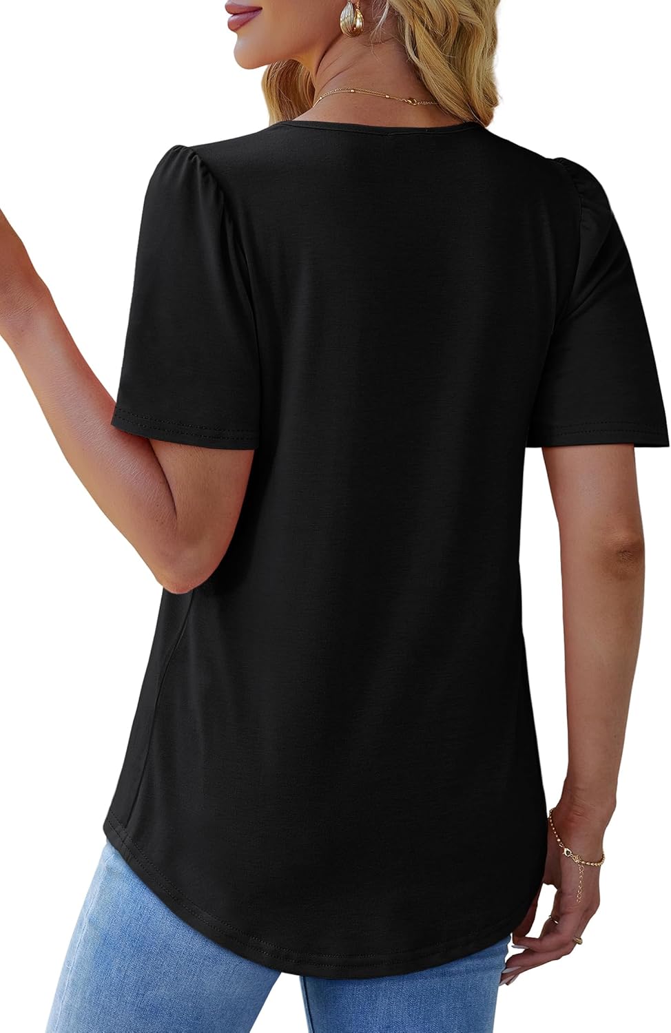 Womens Pleated Square Neck T-Shirts Puff Short Sleeve Casual Summer Tops - Picture 52 of 77
