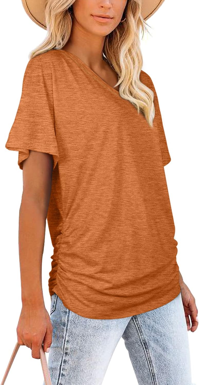 Women's Short Sleeve V Neck Dolman Tops with Side Shirring Loose Fit Shirts - Picture 54 of 138