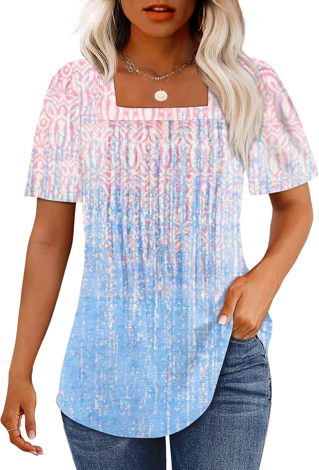Womens Pleated Square Neck T-Shirts Puff Short Sleeve Casual Summer Tops - Picture 53 of 77