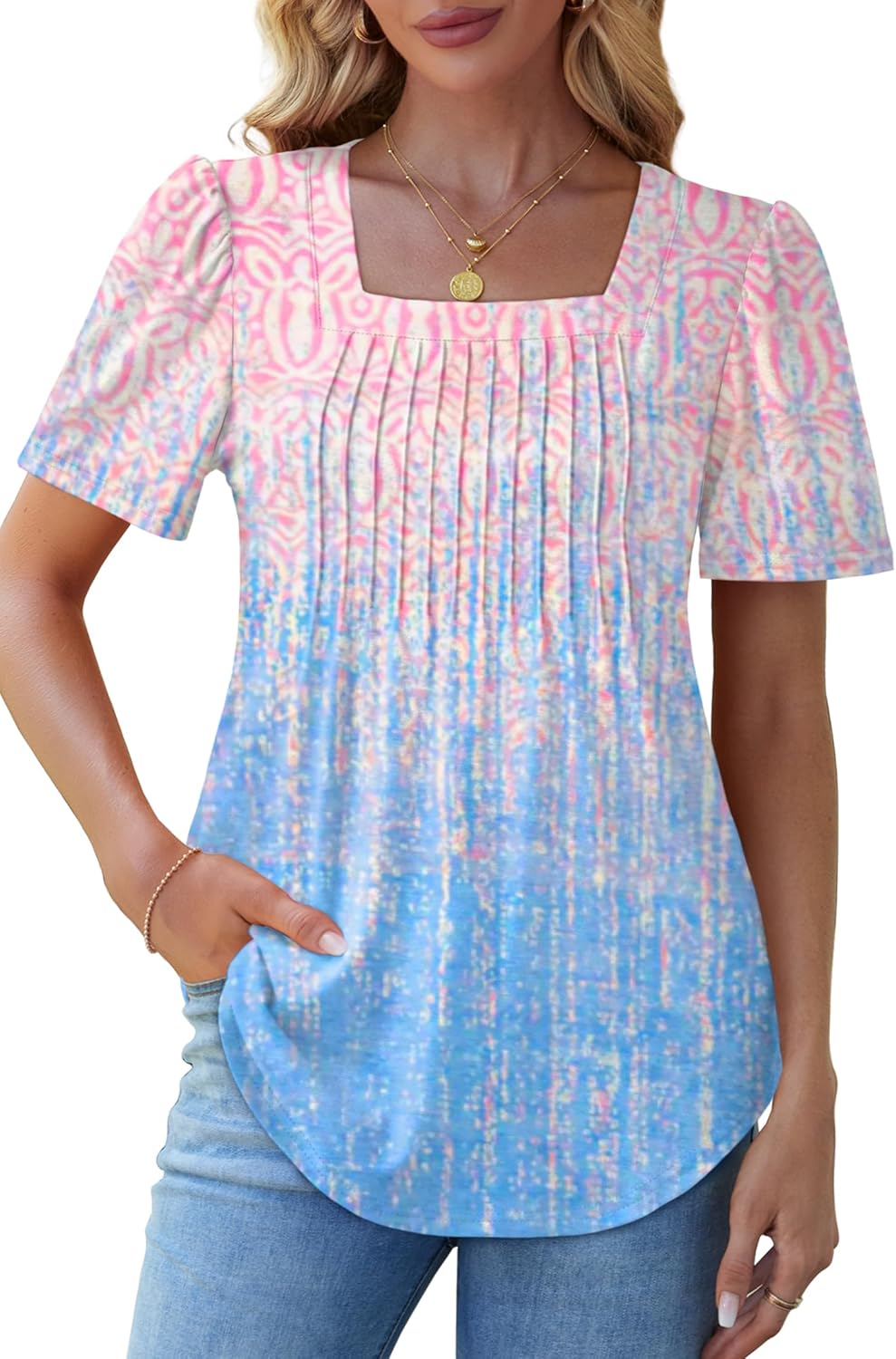 Womens Pleated Square Neck T-Shirts Puff Short Sleeve Casual Summer Tops - Picture 55 of 77