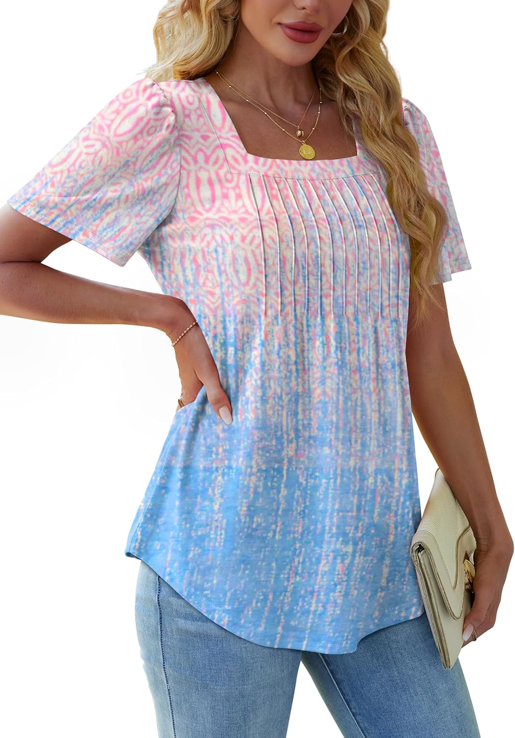 Womens Pleated Square Neck T-Shirts Puff Short Sleeve Casual Summer Tops - Picture 56 of 77