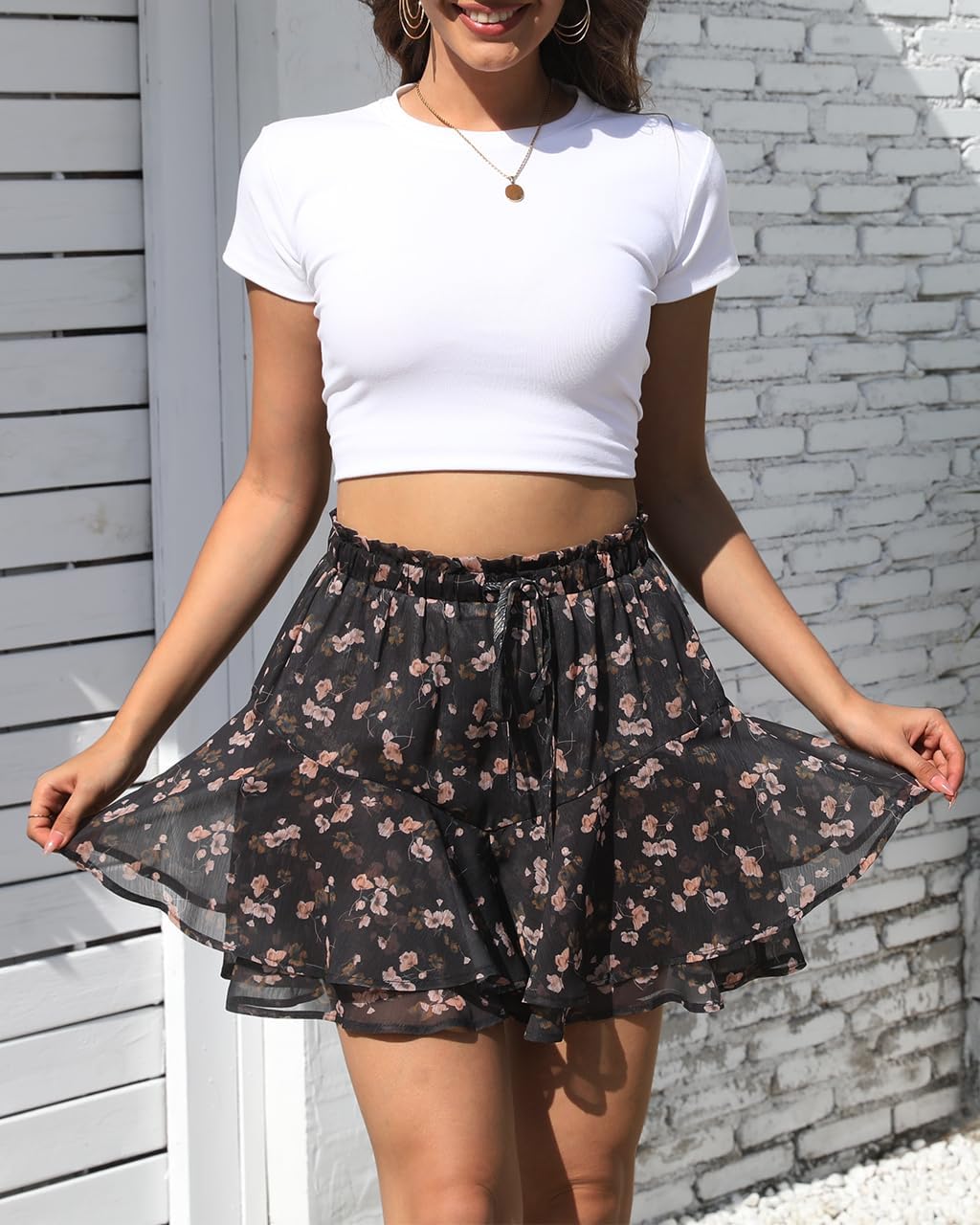 Women's Flowy Shorts Casual Boho Floral Ruffle Mini Skorts for Running Tennis - Picture 27 of 145
