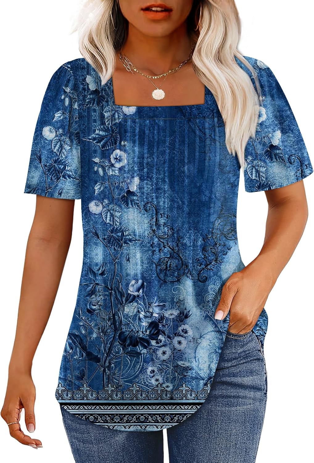 Womens Pleated Square Neck T-Shirts Puff Short Sleeve Casual Summer Tops - Picture 58 of 77