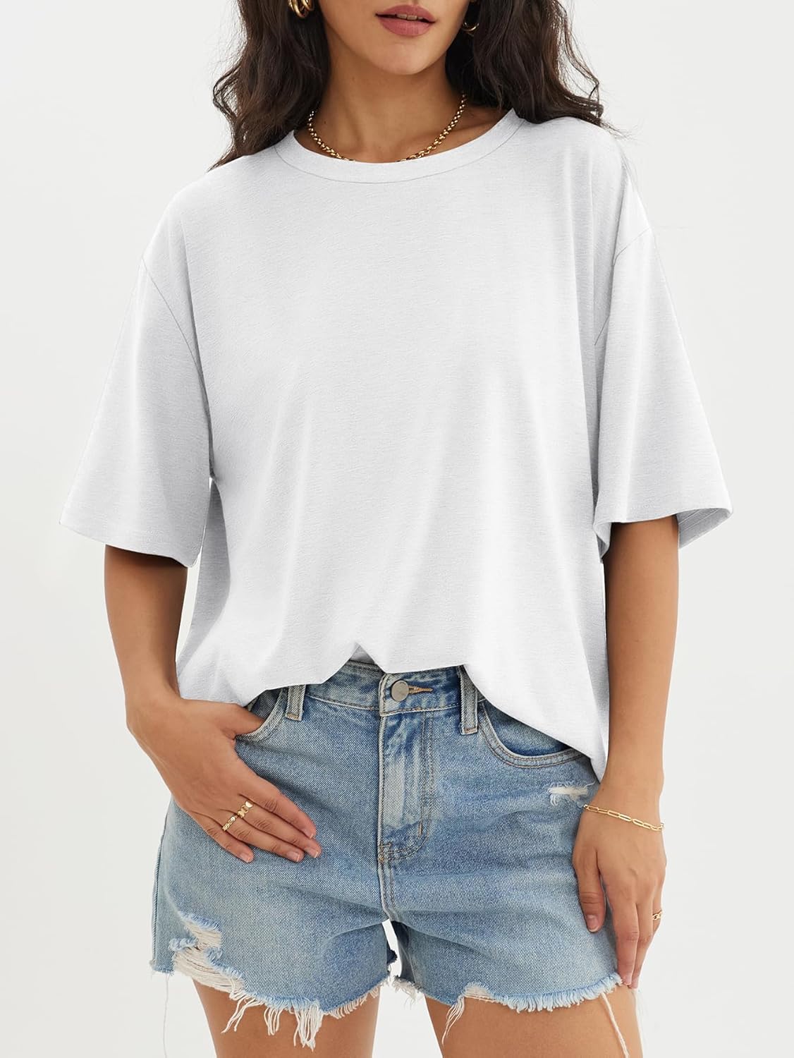 Womens Oversized Crewneck T-Shirts Loose Fit Short Sleeve Casual Tops for Summer - Picture 78 of 153