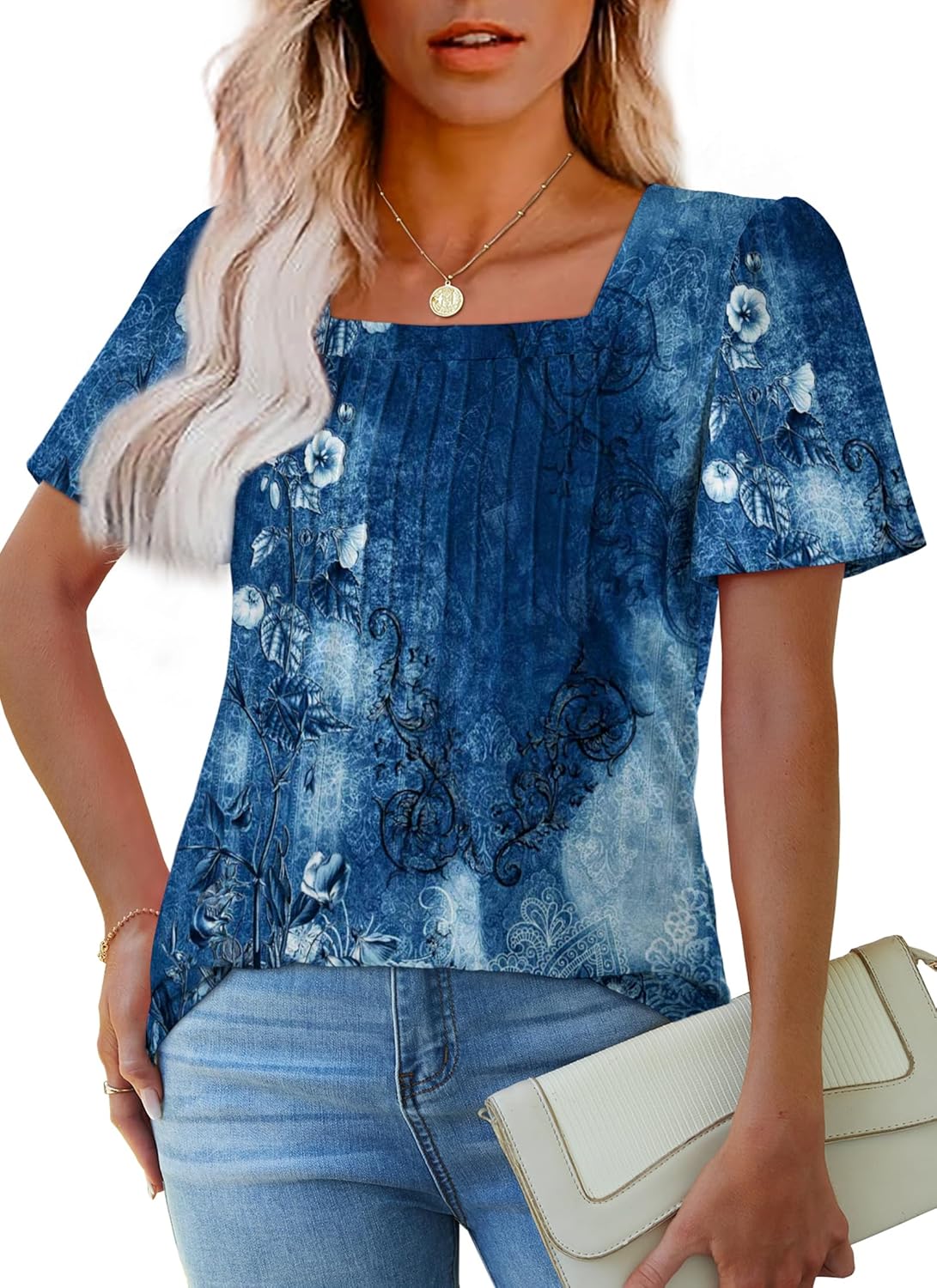 Womens Pleated Square Neck T-Shirts Puff Short Sleeve Casual Summer Tops - Picture 59 of 77
