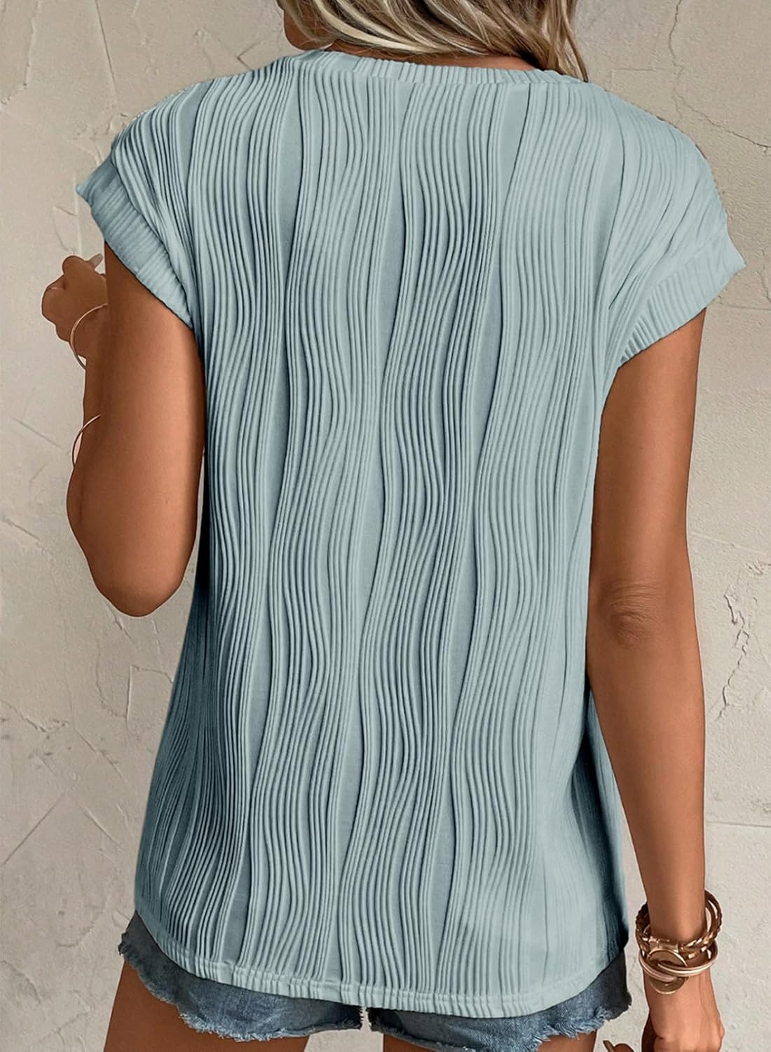 Camisetas básicas informales sueltas lisas tejidas cuello redondo texturizadas de manga corta para mujer - Imagen 41 de 122
