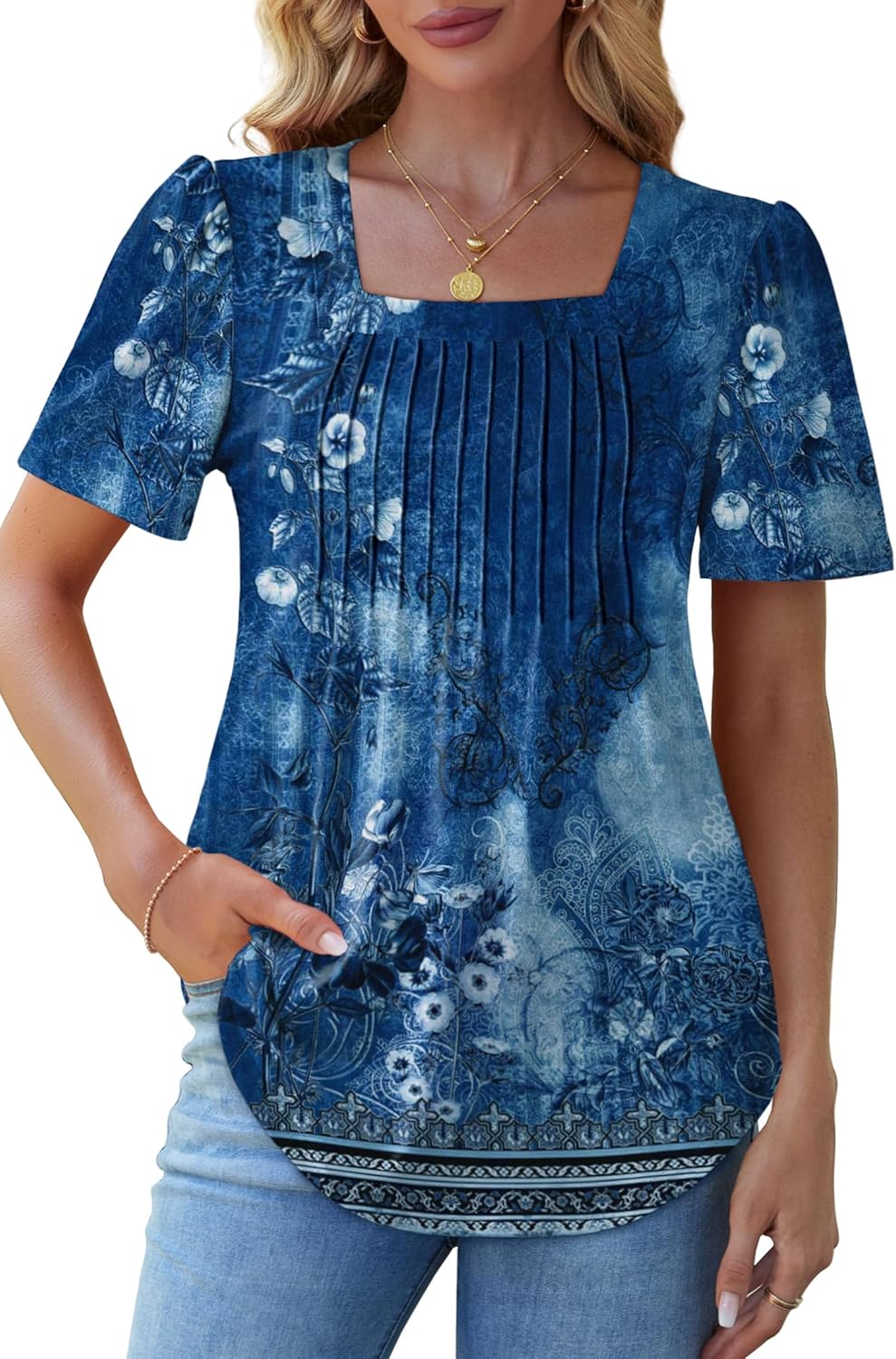 Womens Pleated Square Neck T-Shirts Puff Short Sleeve Casual Summer Tops - Picture 60 of 77
