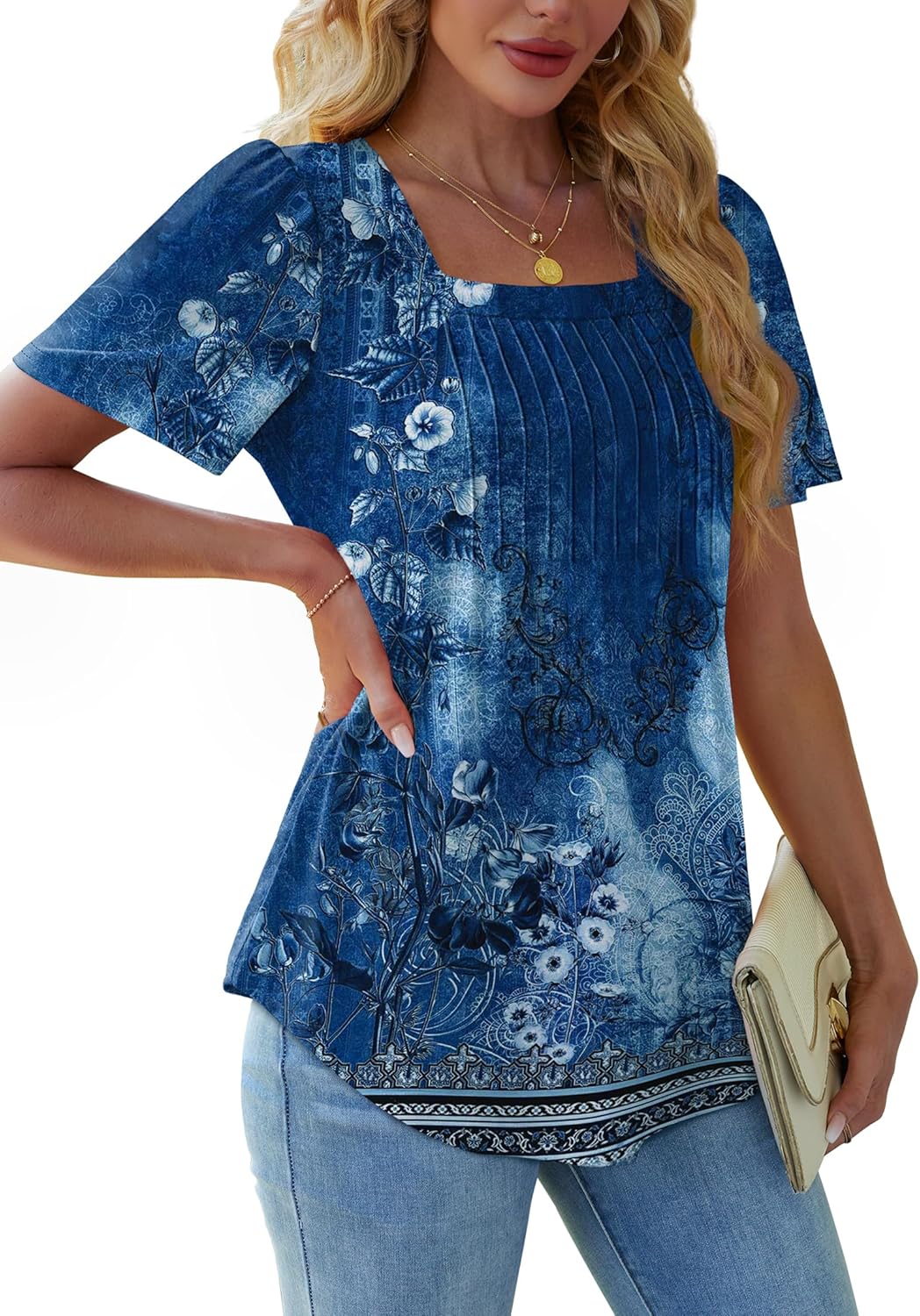 Womens Pleated Square Neck T-Shirts Puff Short Sleeve Casual Summer Tops - Picture 61 of 77