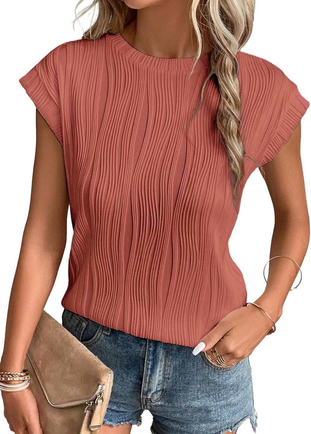 Camisetas básicas informales sueltas lisas tejidas cuello redondo texturizadas de manga corta para mujer - Imagen 44 de 122