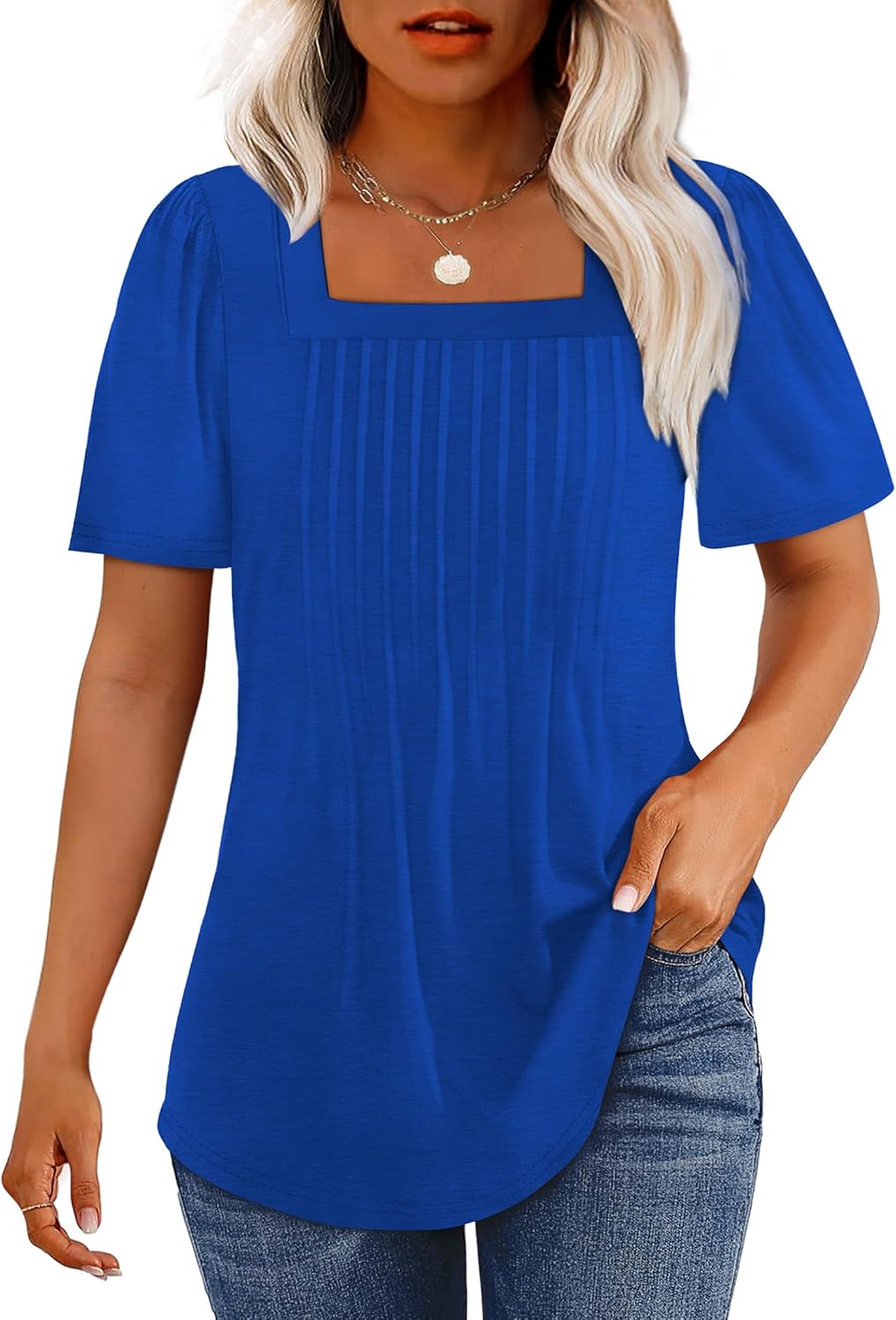 Womens Pleated Square Neck T-Shirts Puff Short Sleeve Casual Summer Tops - Picture 63 of 77