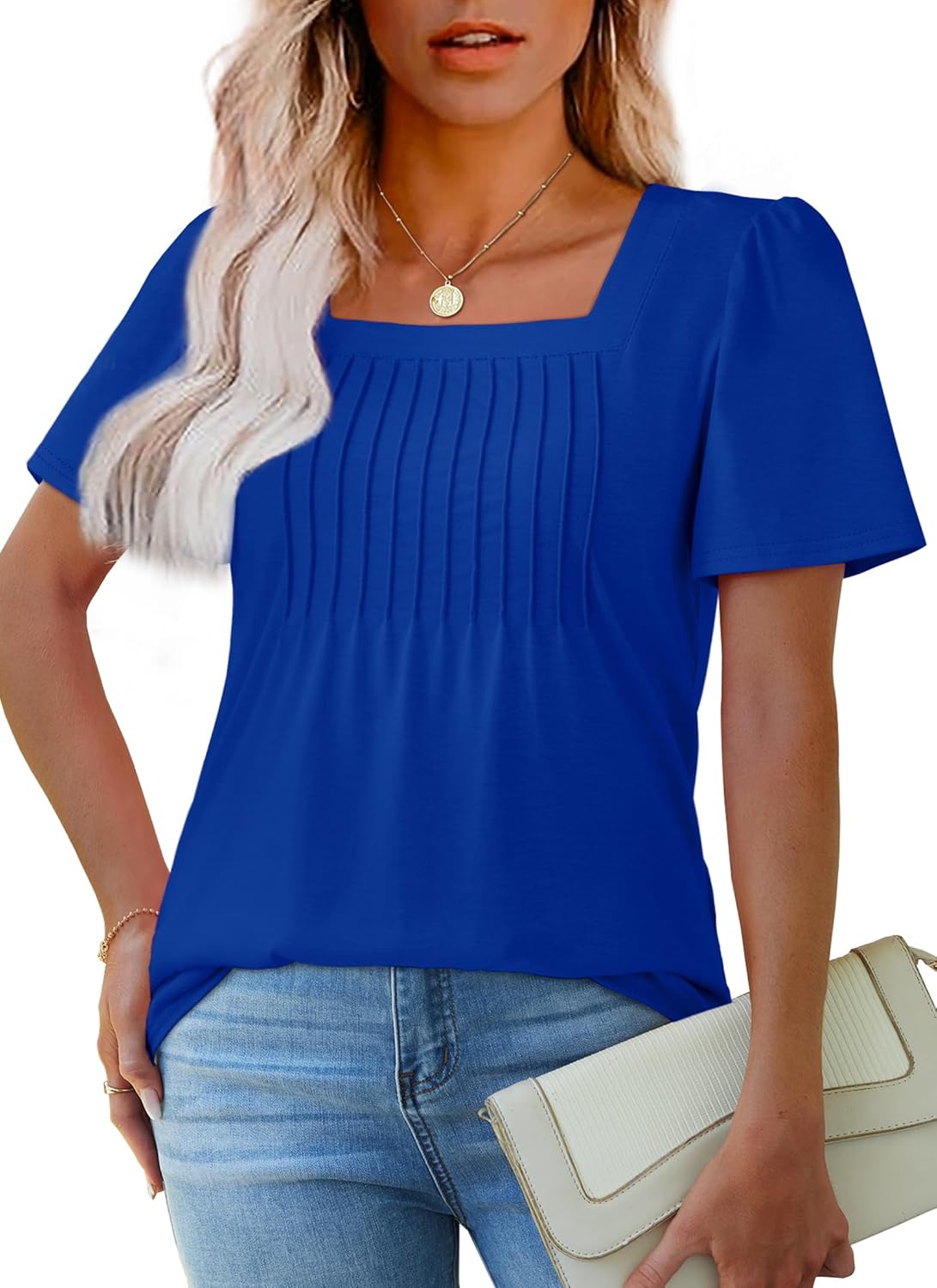 Womens Pleated Square Neck T-Shirts Puff Short Sleeve Casual Summer Tops - Picture 64 of 77