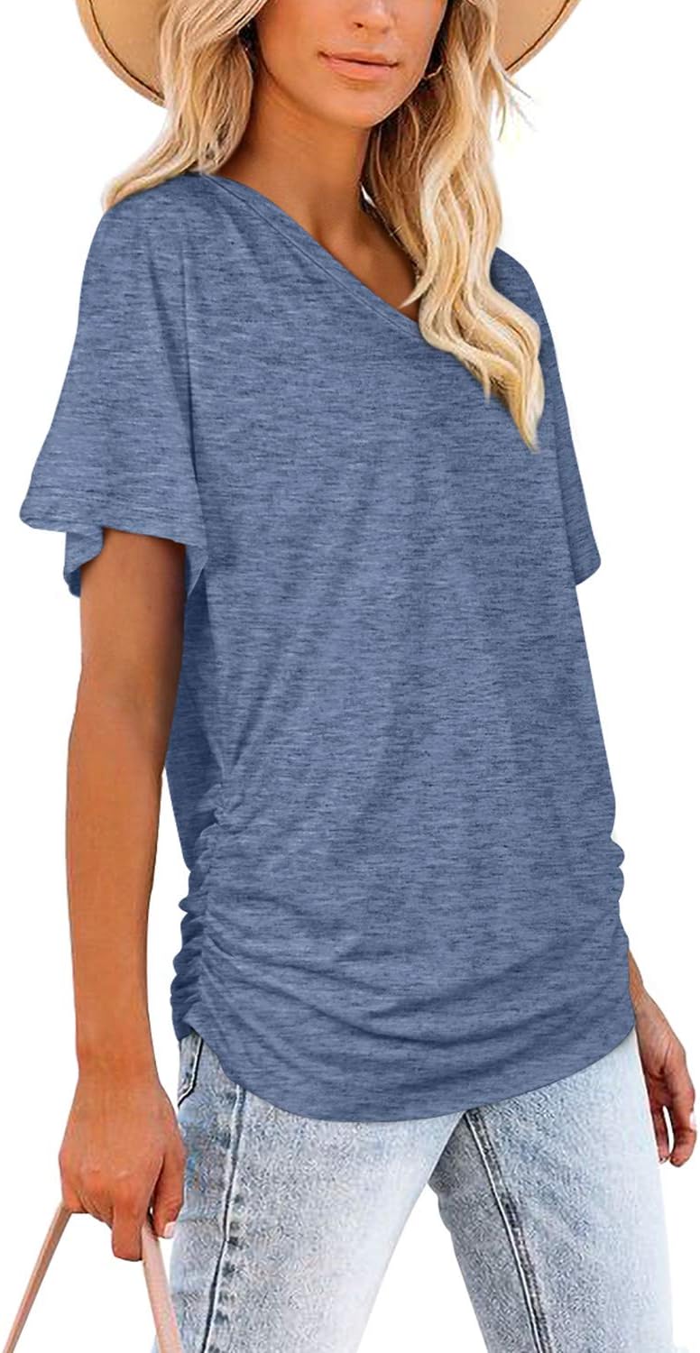 Women's Short Sleeve V Neck Dolman Tops with Side Shirring Loose Fit Shirts - Picture 63 of 138
