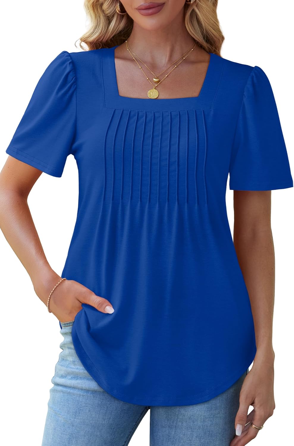 Womens Pleated Square Neck T-Shirts Puff Short Sleeve Casual Summer Tops - Picture 65 of 77