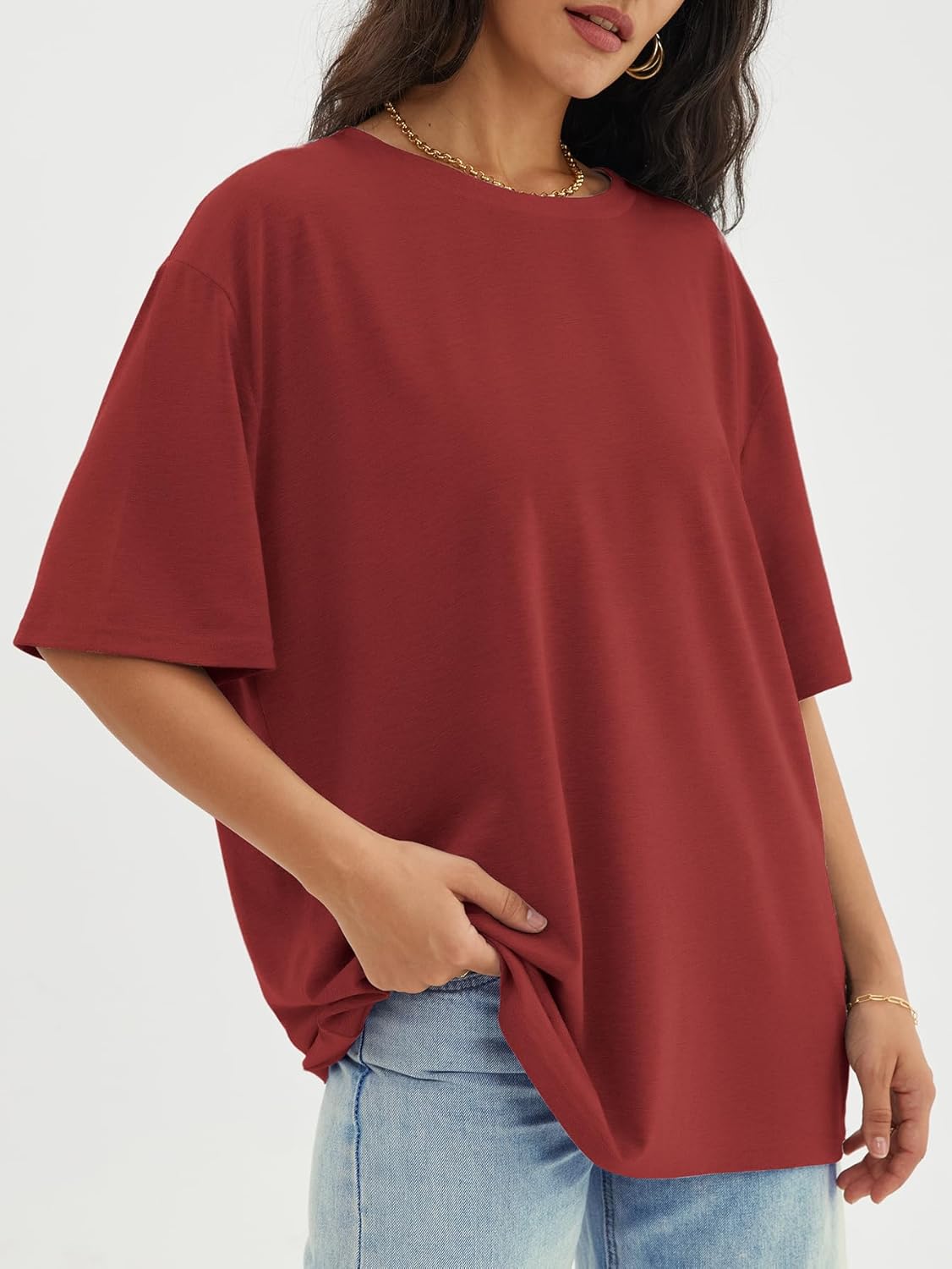Womens Oversized Crewneck T-Shirts Loose Fit Short Sleeve Casual Tops for Summer - Picture 86 of 153