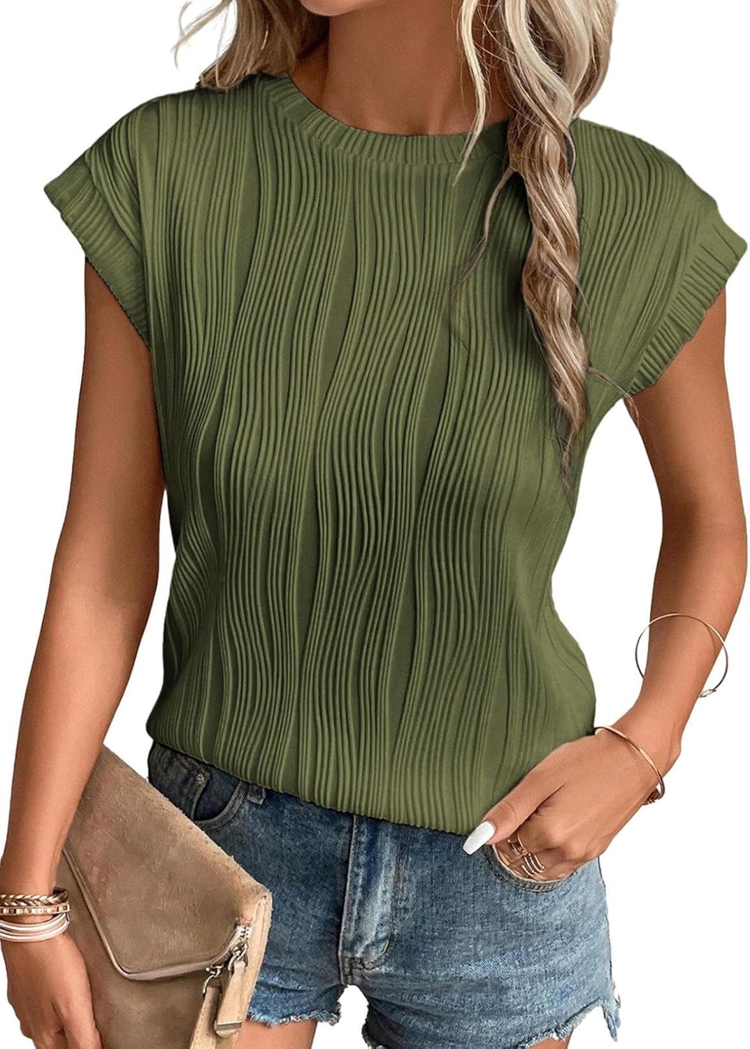Camisetas básicas informales sueltas lisas tejidas cuello redondo texturizadas de manga corta para mujer - Imagen 48 de 122